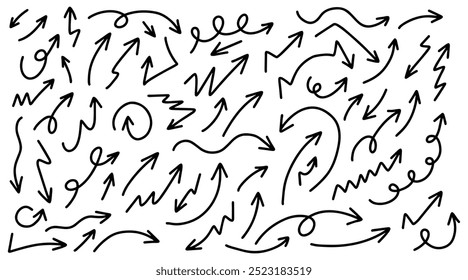 Flechas dibujadas a mano colección Conjunto de flechas planas simples aisladas sobre fondo blanco. Iconos de marca de flecha y pintura de flecha. Vector de acciones. EPS10.