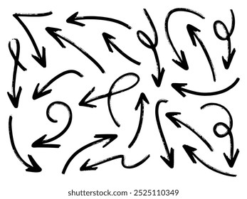 Coleção de setas desenhadas à mão Definir setas planas simples isoladas no fundo branco. Ícones de marca de seta e pintura de seta. Vetor de estoque. EPS10