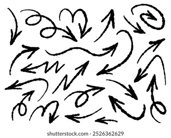 Hand drawn arrows collection Set simple flat arrows isolated on white background. Arrow mark icons and arrow paint. Stock vector. EPS10.