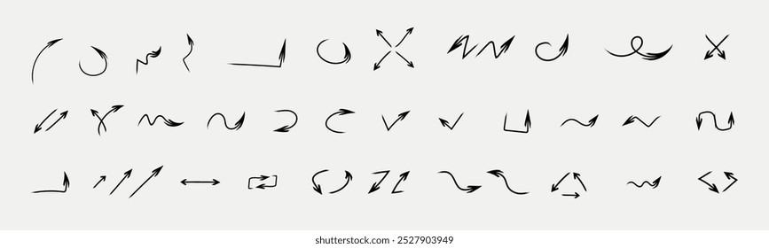 Hand drawn arrows collection Set simple flat arrows isolated on white background. Arrow icon set for web and app. thin line drawing arrows. editable stroke.