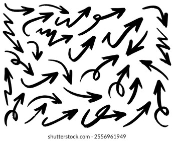Hand drawn arrows collection Set simple flat arrows isolated on white background. Arrow mark icons and arrow paint. Stock vector. EPS10.