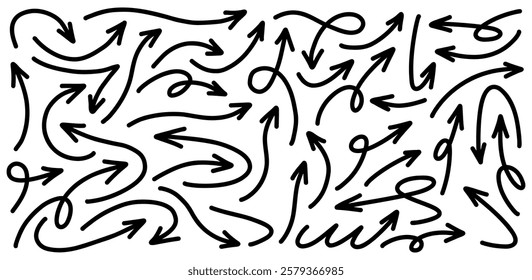 Hand drawn arrows collection Set simple flat arrows isolated on white background. Arrow mark icons and arrow paint. Stock vector. EPS10.