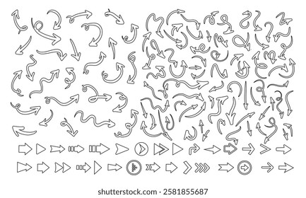Hand drawn arrows collection Set simple flat arrows isolated on white background Arrow mark icons