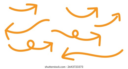  Coleção de setas desenhadas à mão Definir seta simples. Conjunto de setas curvas desenhadas à mão Coleção de setas curvas desenhadas à mão. Setas desenhadas à mão com pincel de caneta ajustadas. Fundo branco.