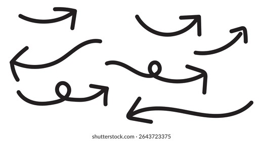  Hand drawn arrows collection Set simple arrow. Set of curved hand drawn arrows Collection of curved hand drawn arrows. Pen brush hand drawn arrows set. White background.