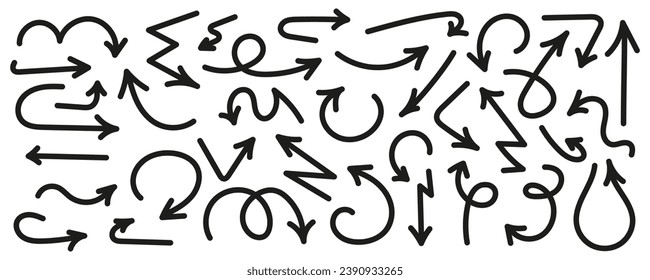 Hand drawn arrows collection. Simple arrows set. Arrow symbols. Flat black vector icons.