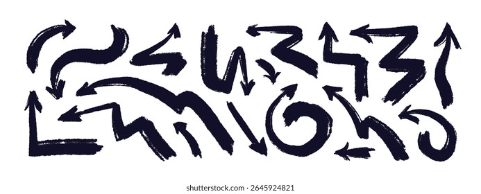 Hand drawn arrows, crayon stroke set isolated on white backdrop. Vector chalk texture pointers, abstract elements collection, graffiti art illustration