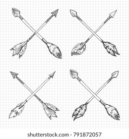 Hand drawn arrows cross on notebook page. Vector illustration flat