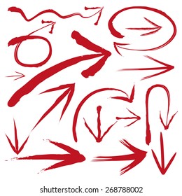 Hand drawn arrows in deep red. Stylish elements for design. Vector illustration.