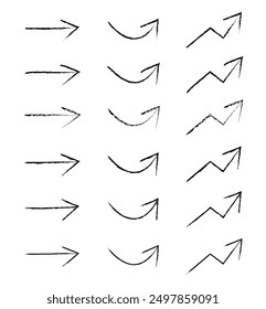 Hand drawn arrows with different brushes. Collection of straight line arrows round arrows and zigzag arrows in rough shape.  Vector illustration isolated on white background.