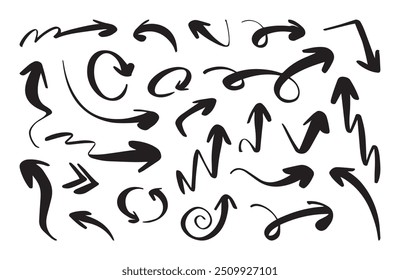 hand drawn arrows with diverse directions, featuring curvy, straight, and zigzag lines. Vector cartoon illustration