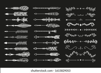 Hand drawn arrows and dividers. Abstract decor elements. Set of different objects. Black and white illustration