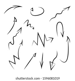 Hand drawn arrows. Doddle arrow set on white background. Vector illustration isolated on white background.