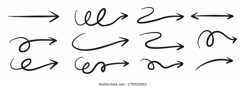Hand drawn arrows doodle direction mark. Handmade sketch symbols set on a white background. vector illustration graphic design elements.