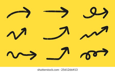 Hand drawn arrows. Doodle directional arrow set. Forward and rising pointer. Symbol of growth progress.