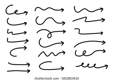Doodle de flechas dibujadas a mano. Los símbolos de esbozo hechos a mano establecen la marca de dirección en un fondo blanco. elementos de diseño gráfico de ilustración vectorial