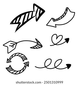 Doodle de flechas dibujadas a mano sobre fondo blanco. elemento de diseño Ilustración vectorial