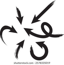 Hand Drawn Arrows Doodle Set. A set of hand-drawn, black arrows, featuring curved, sketch-like lines. Pointer icons isolated, with a fluid, brushstroke texture that emphasizes their organic, freehand 