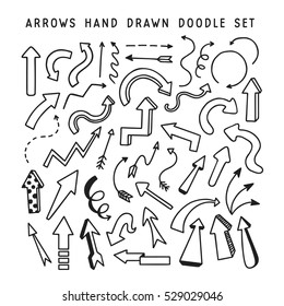 Hand drawn arrows doodle set. Hand crafted design elements for decoration. Vector illustration.