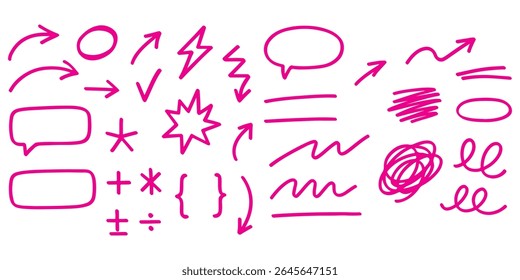 Hand drawn arrows doodles vector. Set of hand drawn arrows scribble doodles, lines, pointers, rectangle, circles, check box, dividers, stars, quotations etc
