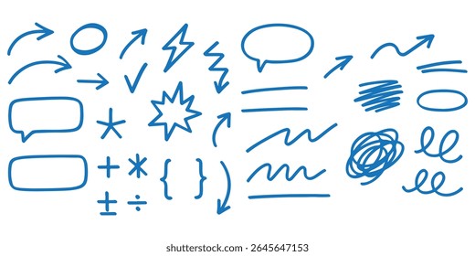 Hand drawn arrows doodles vector. Set of hand drawn arrows scribble doodles, lines, pointers, rectangle, circles, check box, dividers, stars, quotations etc