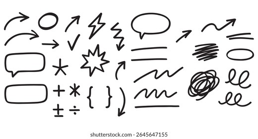 Setas desenhadas à mão rabiscam vetor. Conjunto de setas desenhadas à mão rabiscos rabiscos, linhas, ponteiros, retângulo, círculos, caixa de seleção, divisores, estrelas, citações etc