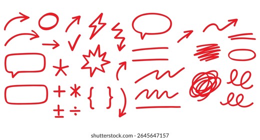 Hand drawn arrows doodles vector. Set of hand drawn arrows scribble doodles, lines, pointers, rectangle, circles, check box, dividers, stars, quotations etc