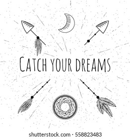 Hand drawn arrows, dreamcatcher, moon and feathers. Boho style