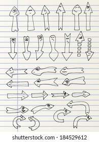 Hand drawn arrows with expressions, isolated on a lined page