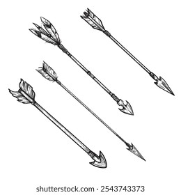 Hand drawn arrows with feathers and beads set. Collection of boho tribal arrows. Vector illustrations isolated on white.