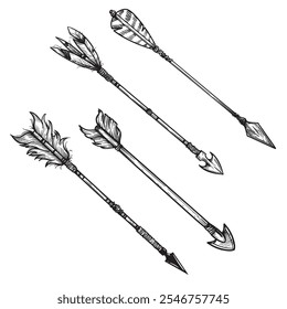 Hand drawn arrows with feathers and beads set. Collection of boho tribal arrows. Vector illustrations isolated on white.