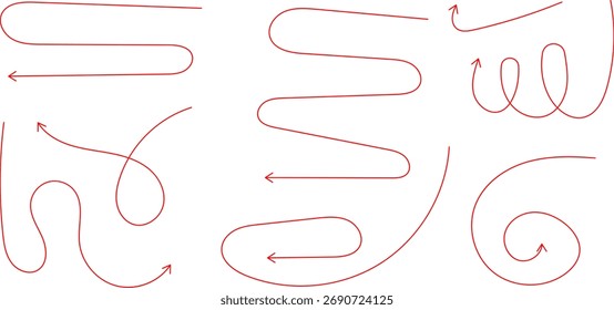 Hand drawn arrows. Hand drawn freehand different curved lines, swirls arrows. Curved arrow line. Doodle, sketch style. Isolated Vector illustration.