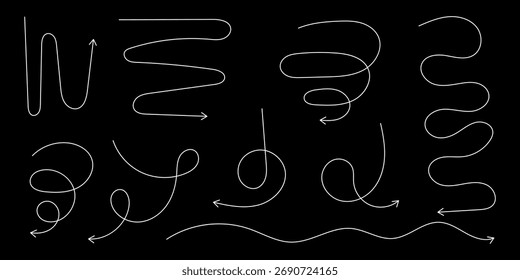 Flechas dibujadas a mano. Dibujado a mano alzada diferentes líneas curvas, remolinos y flechas. Línea de flecha curva. Doodle, estilo sketch. Ilustración vectorial aislada.