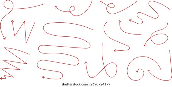 Hand drawn arrows. Hand drawn freehand different curved lines, swirls arrows. Curved arrow line. Doodle, sketch style. Isolated Vector illustration.