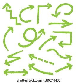 Hand drawn arrows and graphic elements in green. Stylish elements for design. Vector illustration.