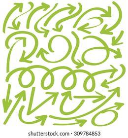 Hand drawn arrows in green. Stylish elements for design. Vector illustration. 