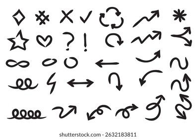 Hand drawn arrows, hashtag, marks and special characters vector collection set. 