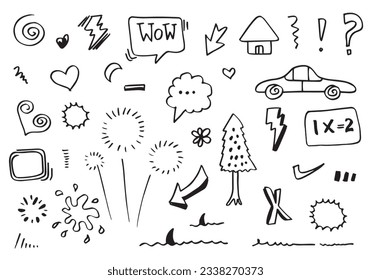Hand drawn Arrows, hearts, car, leaves, frames, light, flowers, crowns, house, strokes, swirls. 