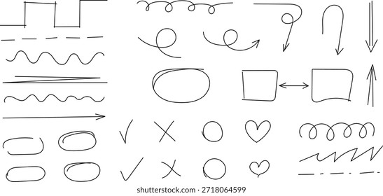 Flechas dibujadas a mano, resaltado, bosquejo de línea, subrayado de texto, trazos y marcas de énfasis. Conjunto de bocetos de flechas, elipse, rectángulo, óvalo y marca. Colección de Formas de borrador de burbuja de graffiti Doodle para Ilustración vectorial de notas. 