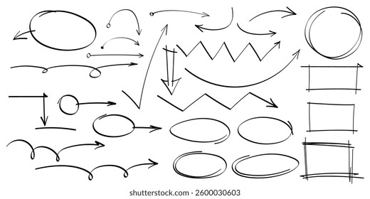 Hand drawn arrows, highlight, text underline strokes and emphasis marks. Set of Sketches of arrows, ellipse, rectangle, oval and mark. Collection of vector doodle elements and shapes for notes