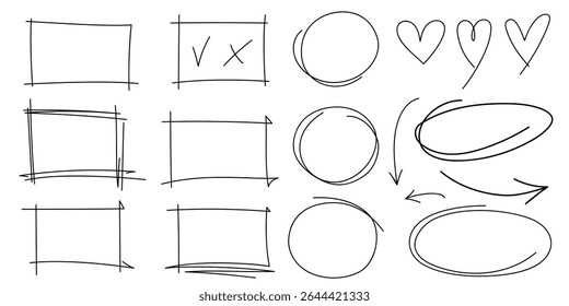 Hand drawn arrows, highlight, text underline strokes, heart and emphasis marks. Set of Sketches of arrows, ellipse, rectangle, oval and mark. Collection of vector doodle elements and shapes for notes