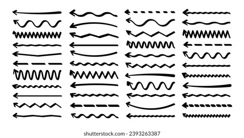 Flechas dibujadas a mano, líneas resaltadas. Trazo de marcador, lápiz de pincel dibujado subrayado. Punteros de texto manuscritos, notas, marcas. Ilustración del vector