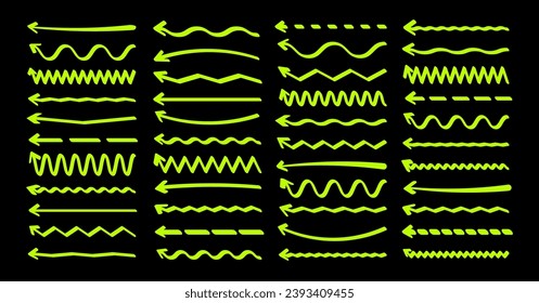 Hand drawn arrows, highlighter lines. Marker stroke, brush pen drawn underline. Handwritten text pointers, notes, marks. Vector illustration