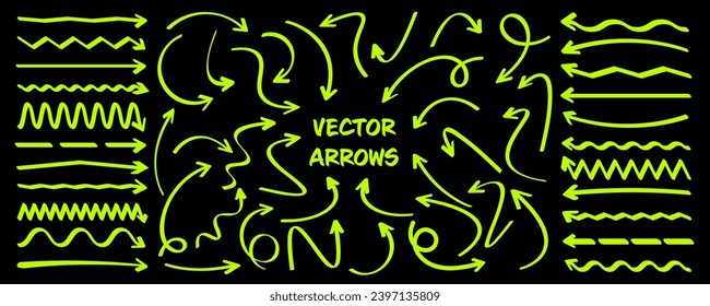 Hand drawn arrows, highlighter lines. Marker stroke, brush pen drawn underline. Handwritten text pointers, notes, marks. Vector illustration