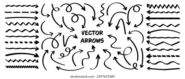 Hand drawn arrows, highlighter lines. Marker stroke, brush pen drawn underline. Handwritten text pointers, notes, marks. Vector illustration