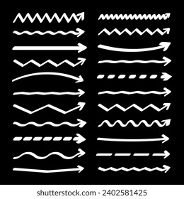 Flechas dibujadas a mano, líneas resaltadas. Trazo de marcador, lápiz de pincel dibujado subrayado. Punteros de texto manuscritos, notas, marcas. Ilustración del vector