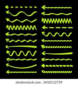 Hand drawn arrows, highlighter lines. Marker stroke, brush pen drawn underline. Handwritten text pointers, notes, marks. Vector illustration