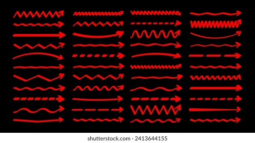 Hand drawn arrows, highlighter lines. Red marker stroke, brush pen drawn underline. Handwritten text pointers, notes, marks. Vector illustration