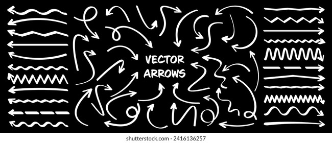 Hand drawn arrows, highlighter lines. Marker stroke, brush pen drawn underline. Handwritten text pointers, notes, marks. Vector illustration