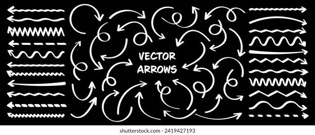 Hand drawn arrows, highlighter lines. Marker stroke, brush pen drawn underline. Handwritten text pointers, notes, marks. Vector illustration